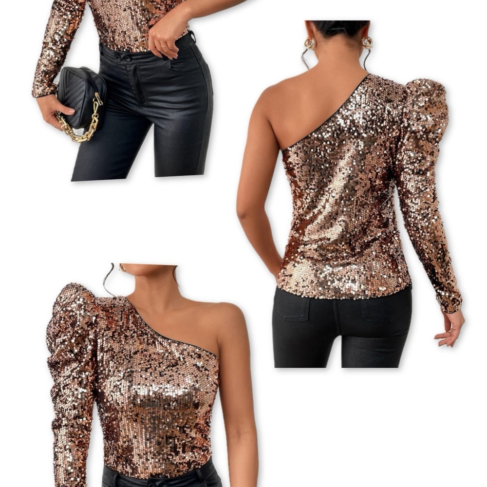 Sequin One-Shoulder Top in Bronze